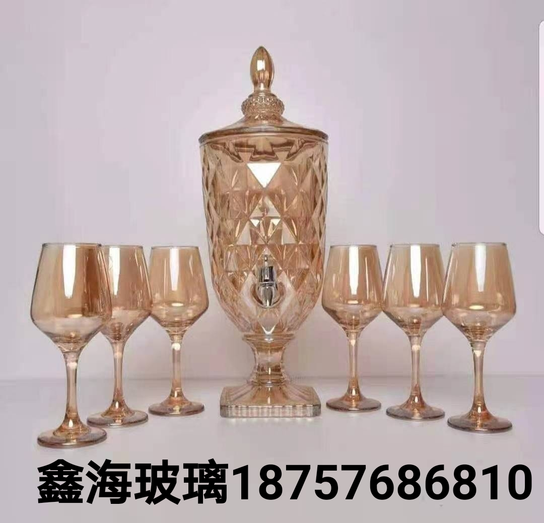 大号玻璃果汁缸套装俄罗斯果汁壶大肚啤酒壶6只红酒杯礼盒装金色