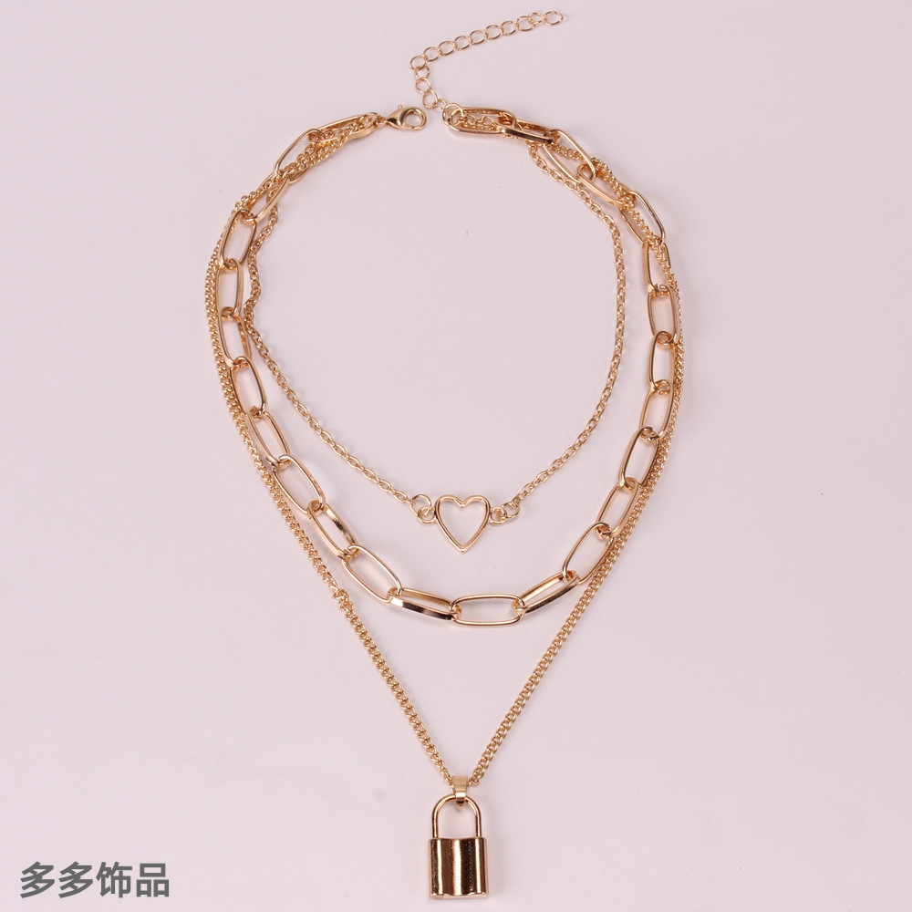 欧美跨境饰品 简约夸张粗链条项饰女 复古多层几何锁形爱心项链