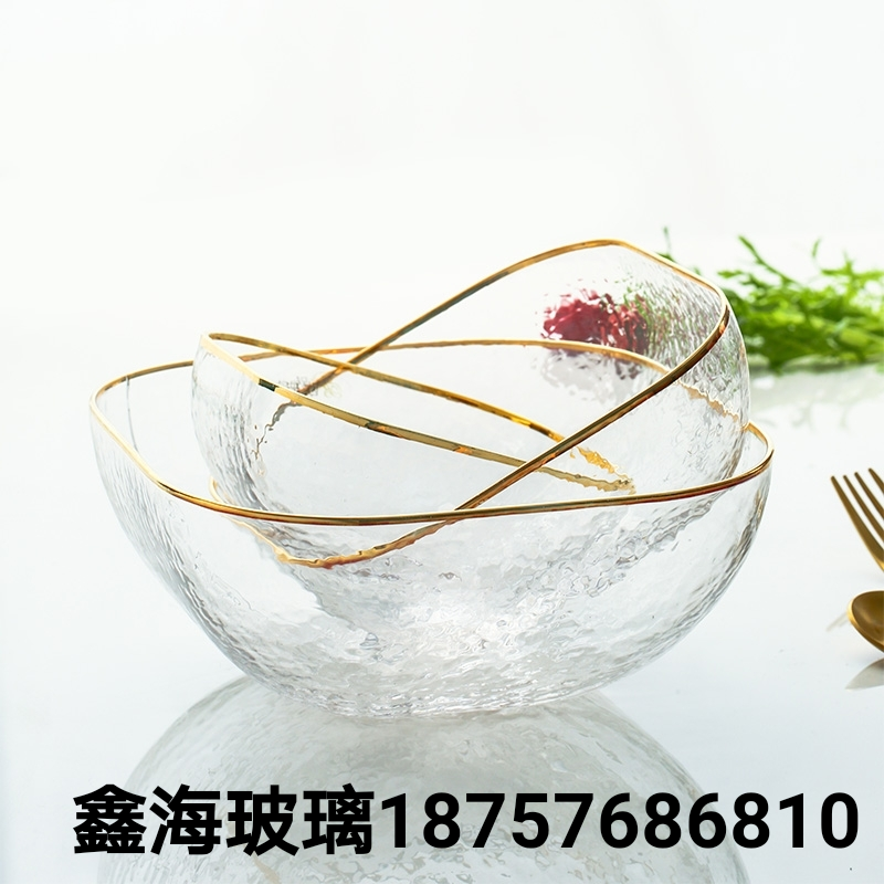 日式碗玻璃沙拉碗日式锤纹金边玻璃碗果盘不规则轻食碗隔热防烫