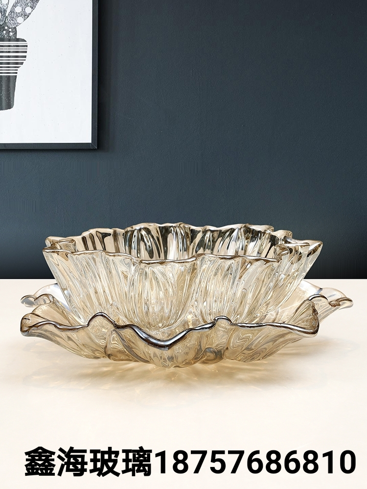 玻璃果盘工艺品加厚玻璃无铅玻璃水果盘果斗玻璃碗餐桌果盘金色