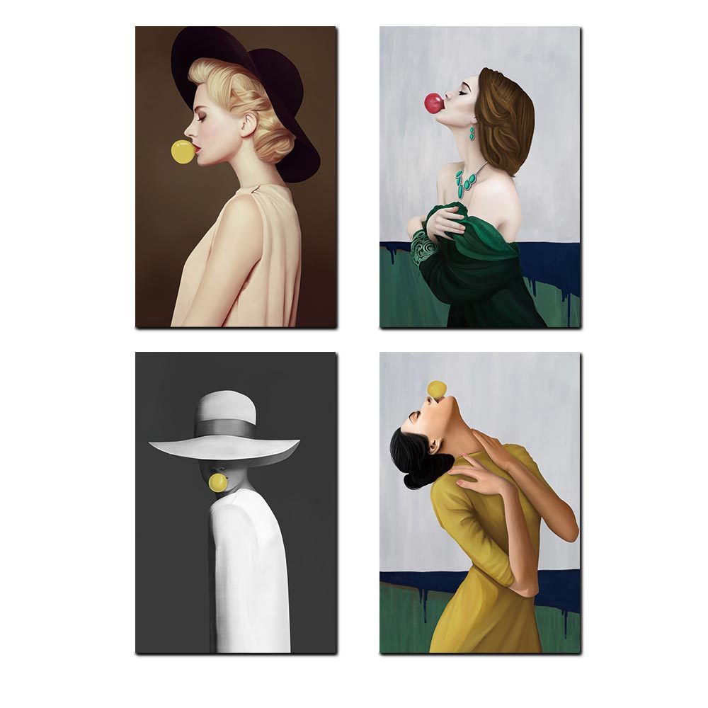 新款北欧轻奢吹泡泡人物手绘油画黑白抽象玄关小众餐厅带框装饰画