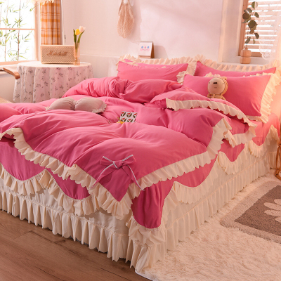 New Korean Style Ruffled Bed Skirt Four-Piece Set Washed Cotton Double Korean Style Four-Piece Set