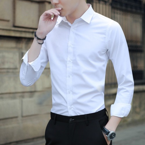 white shirt men‘s long sleeve slim fit non-ironing solid color professional business formal wear work white men‘s suit shirt
