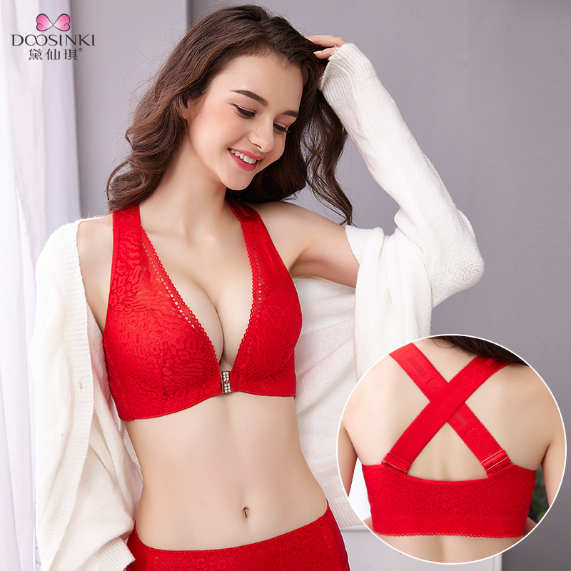 新品前扣无钢圈大码文胸蕾丝交叉美背内衣女聚拢调整型薄款胸罩