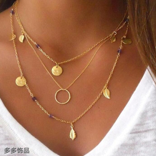 korean style sweet fashion simple geometric circle dot leaves multi-layer alloy necklace three layers women‘s no.1