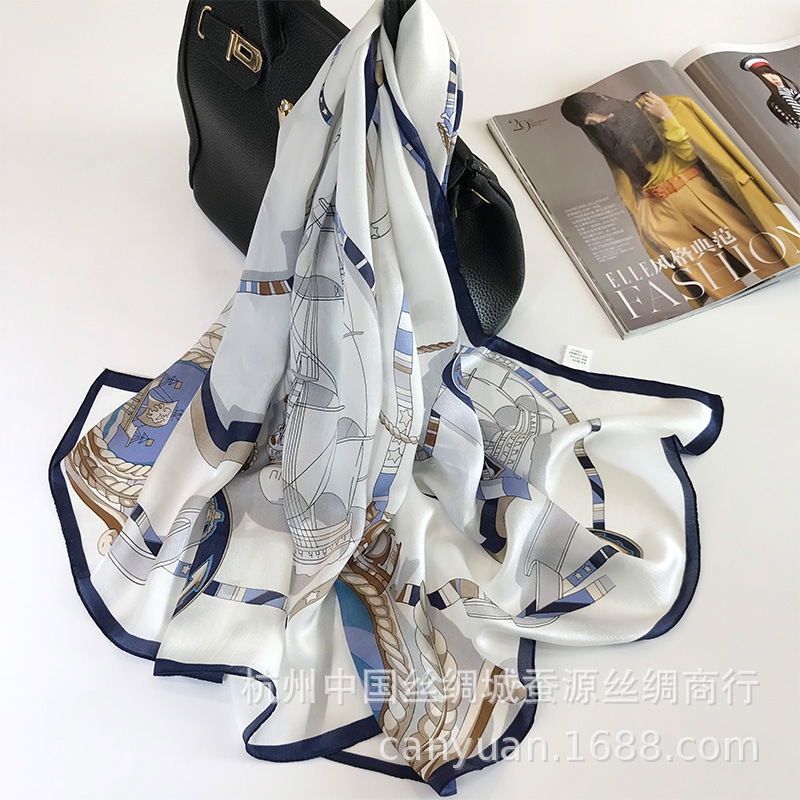 航海风  欧美风格气质真丝丝巾女缎面桑蚕丝长款围巾披肩
