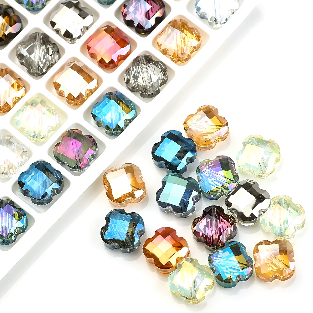 12mm四叶草水晶珠 幸运草中孔玻璃珠子 diy耳饰材料配件吊坠散珠