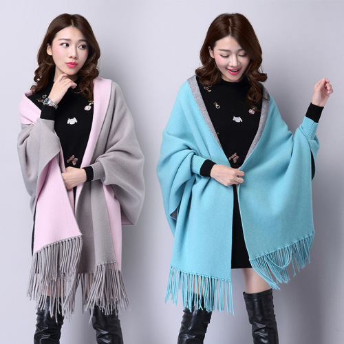 autumn and winter new women‘s double-sided shawl scarf dual-use tassel thickened long sleeve cashmere blended cape coat