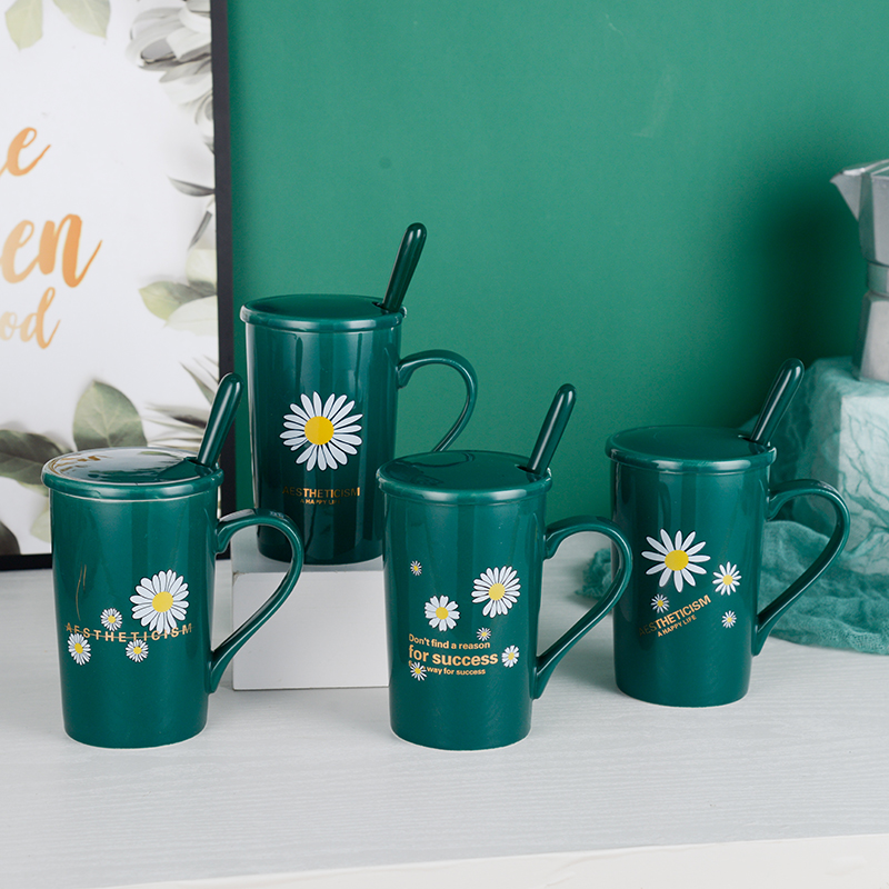 12安士创意陶瓷水杯墨绿金咖啡杯带盖勺茶杯喝水杯子牛奶杯