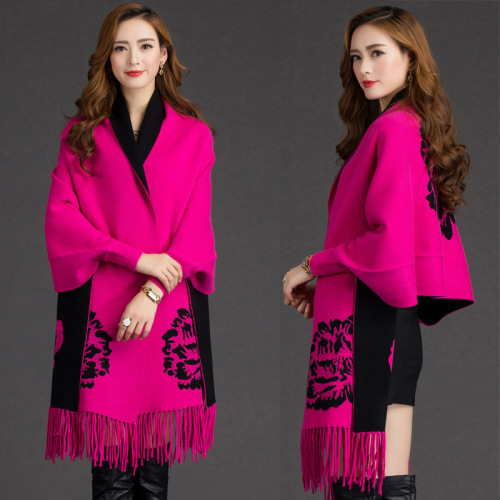 autumn and winter new women‘s double-sided large flower shawl scarf dual-use tassel thickened long knitted sleeve cape coat