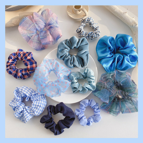 internet celebrity fairy blue large intestine hair ring mori style ins girl plaid head rope thick ponytail super fairy hair accessories headdress