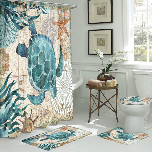 waterproof shower curtain floor mat toilet cover floor mat carpet four-piece set pattern size can be customized