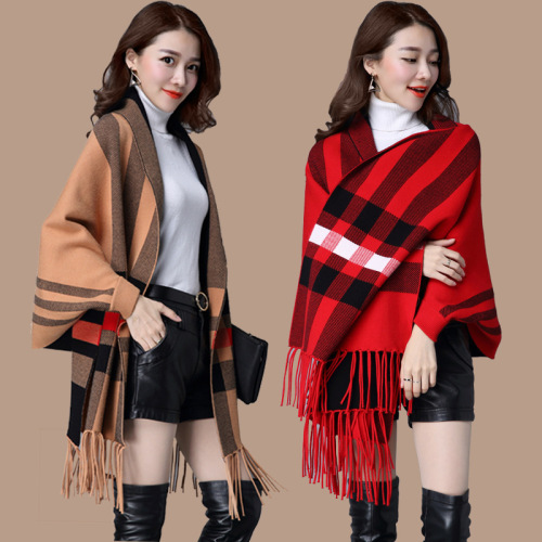 Autumn and Winter Factory Direct Sales knitted Cape Cloak Women Thickened with Sleeves Spring and Autumn Fashionable Outerwear Plaid Shawl Cross-Border