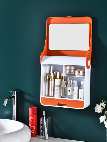 internet celebrity wall-mounted cosmetic storage box with mirror flip large capacity dustproof waterproof toilet storage rack punch-free