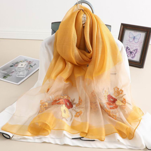 New Embroidery Silk Wool Blended Scarf Spring and Autumn All-Match Silk Scarf Elegant Embroidered Shawl Wholesale 