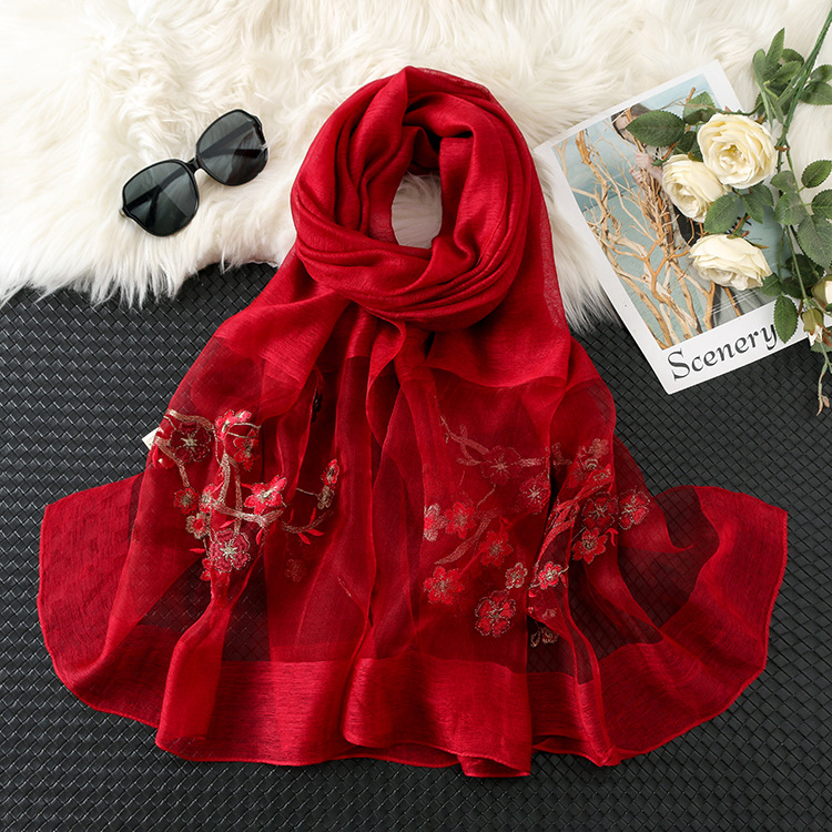 春秋新款丝毛绣花围巾 真丝羊毛丝巾夏两用空调披肩支持一件代发