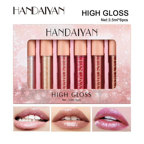 Handaiyan Moisturizing Highlight Lip Gloss 6 Pieces Set Metallic Diamond Pearl Lip Gloss Lip Lacquer with Shining Bright