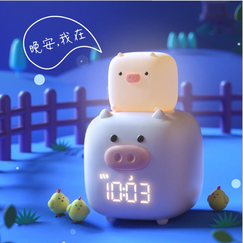 创意猪太郎闹钟夜灯学生床头APP控制USB充电智能数字时钟礼品