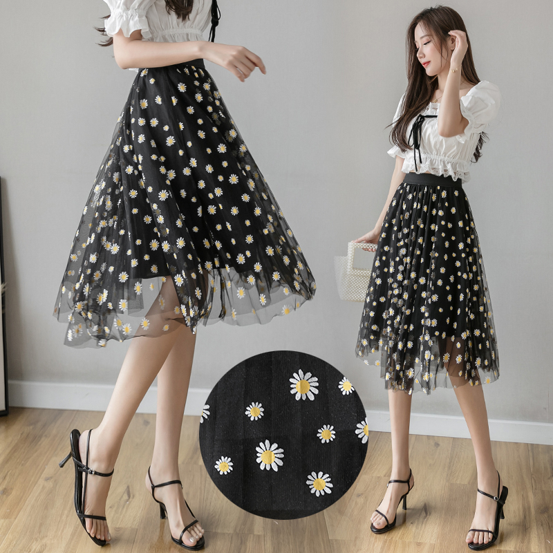 女装春夏新款小雏菊网纱半身裙女三层高腰百褶小个子中长款蓬蓬裙