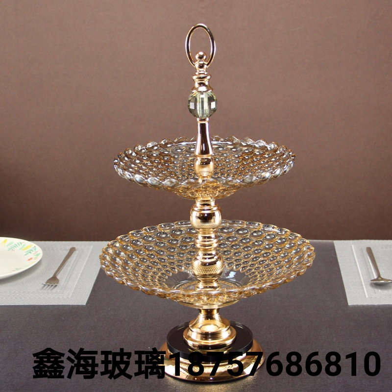 双层果盘玻璃工艺品水果盘钻石珠点欧式大果盘复古两层餐桌水果架