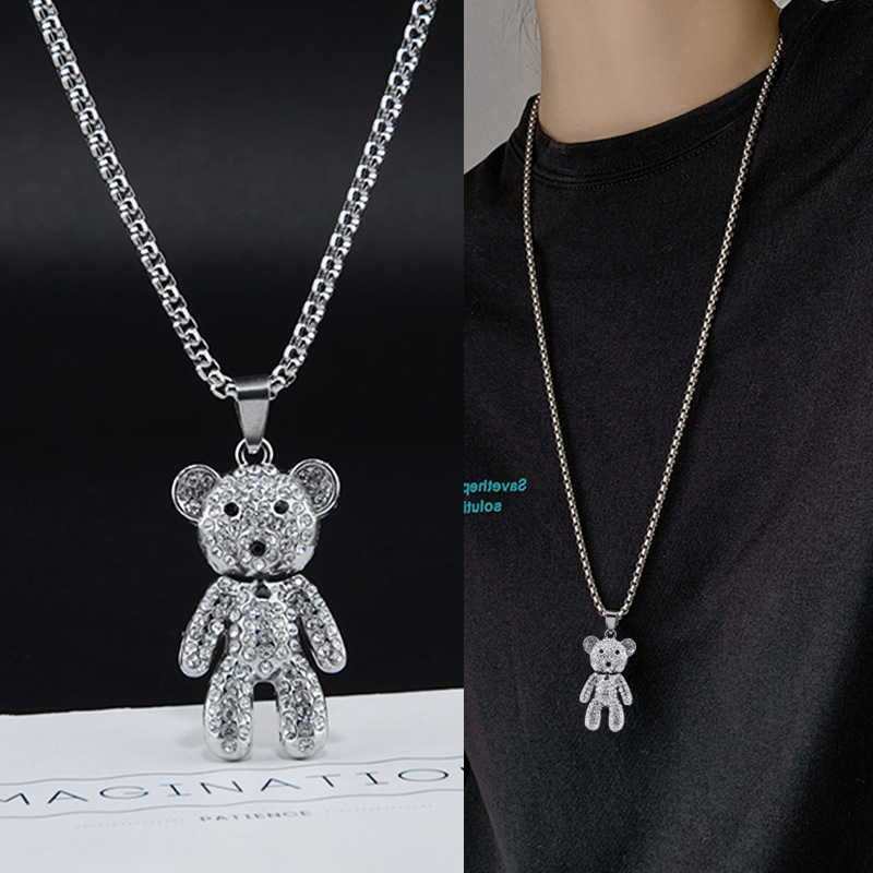 新款满钻小熊吊坠毛衣链网红冷淡风女长款百搭卫衣项 链厂家饰品