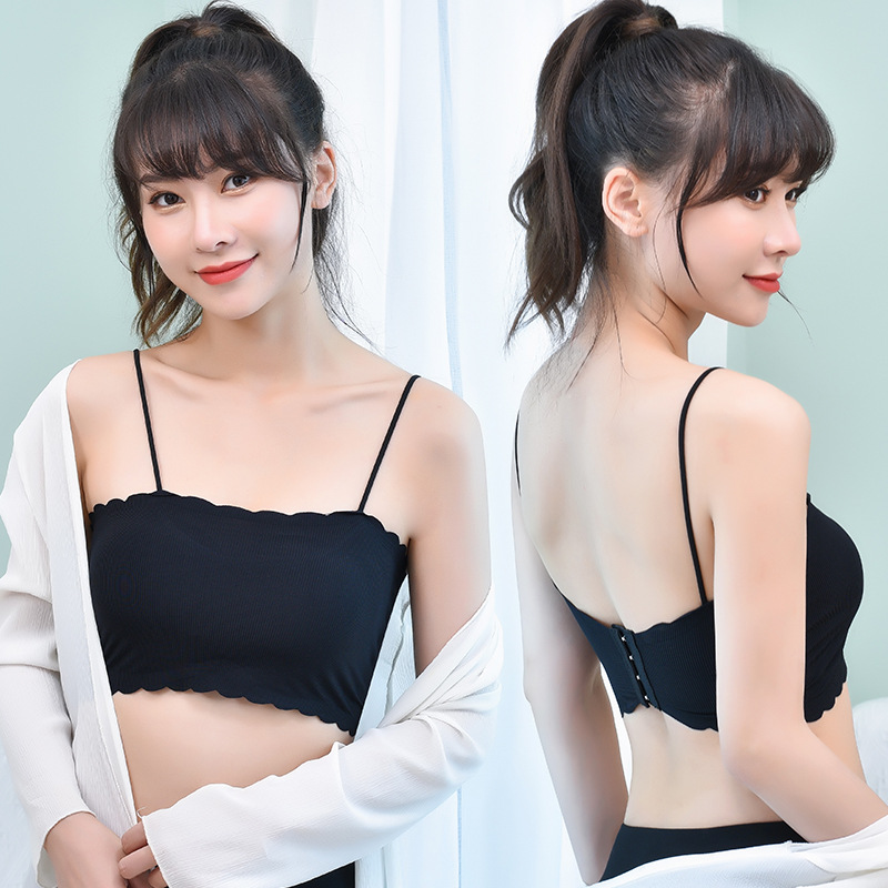 夏季少女细肩带一字围抹胸吊带运动文胸一片式冰丝无痕内衣裹胸女