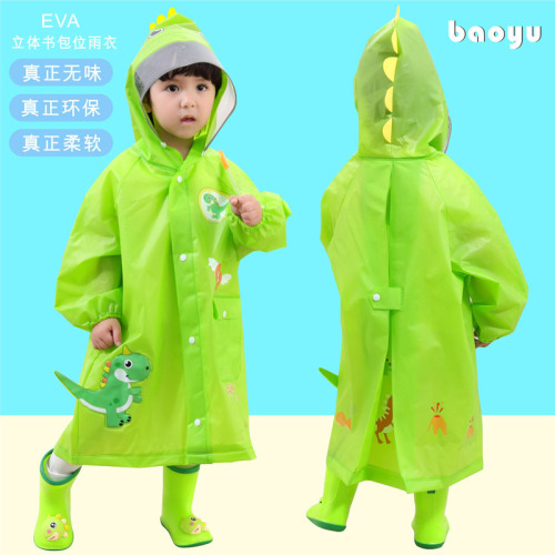 Children‘s Raincoat Boys Girls Kindergarten Body Big Brim Little Children Baby Poncho with Schoolbag Position Dinosaur Rain Gear