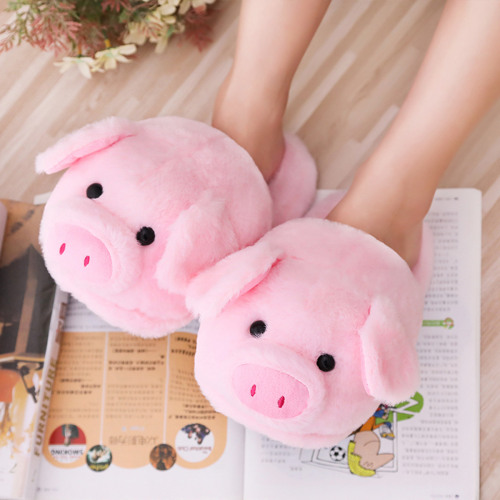 Autumn and Winter Pink Doodle Pig Plush Cotton Slippers Cute Pig Non-Slip Warm Home Floor Shoes
