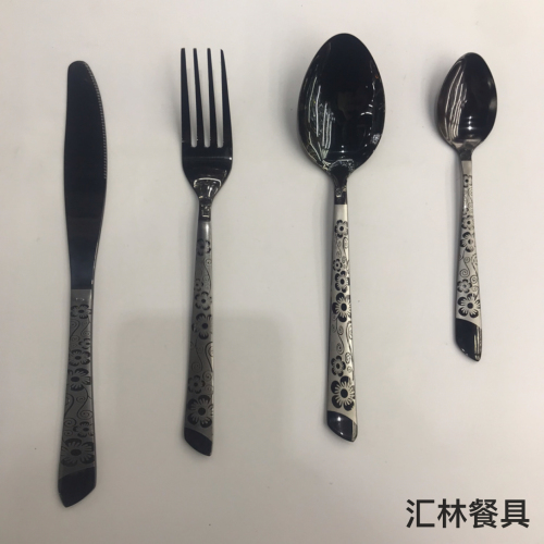 [huilin] factory direct sales 410 stainless steel tableware plum blossom series titanium black knife， fork and spoon tea spoon