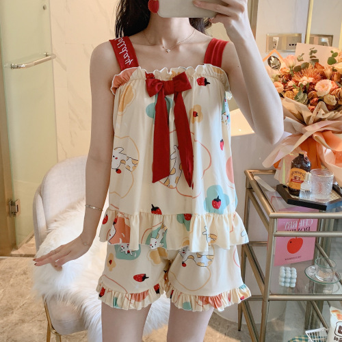 2021 Summer New Pajamas Women‘s Milk Silk Korean Style Strap Cartoon Cute Casual Homewear Suit