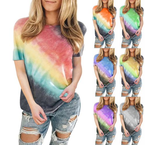 cross-border 2021 spring and summer european and american women‘s tops plus size amazon tie-dye gradient color round neck short sleeve t-shirt new popular