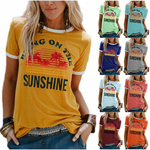 hot sale amazon women‘s top bring on the sunshine printed round neck short sleeve t-shirt short sleeve