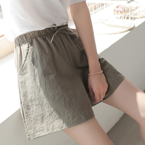 Cotton Linen Shorts Female Summer New Korean Style Versatile Loose Slimming High Waist Outerwear Student Sports Large Size Wide-Leg Pants