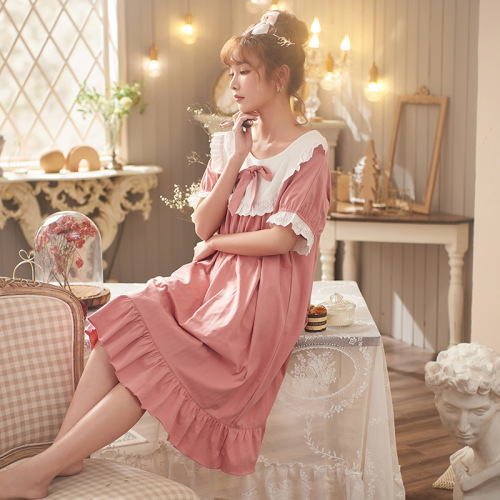 Summer New Jacquard Cotton Pajamas Women‘s Court Noble Princess Style Homewear Short Sleeve Nightdress Lace Homewear
