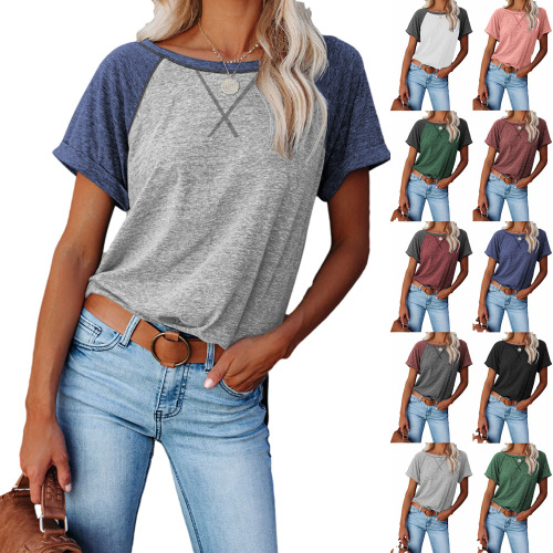 cross-border short-sleeved fashion european and american cross-border new women‘s tops amazon color matching cross loose short-sleeved casual t-shirt