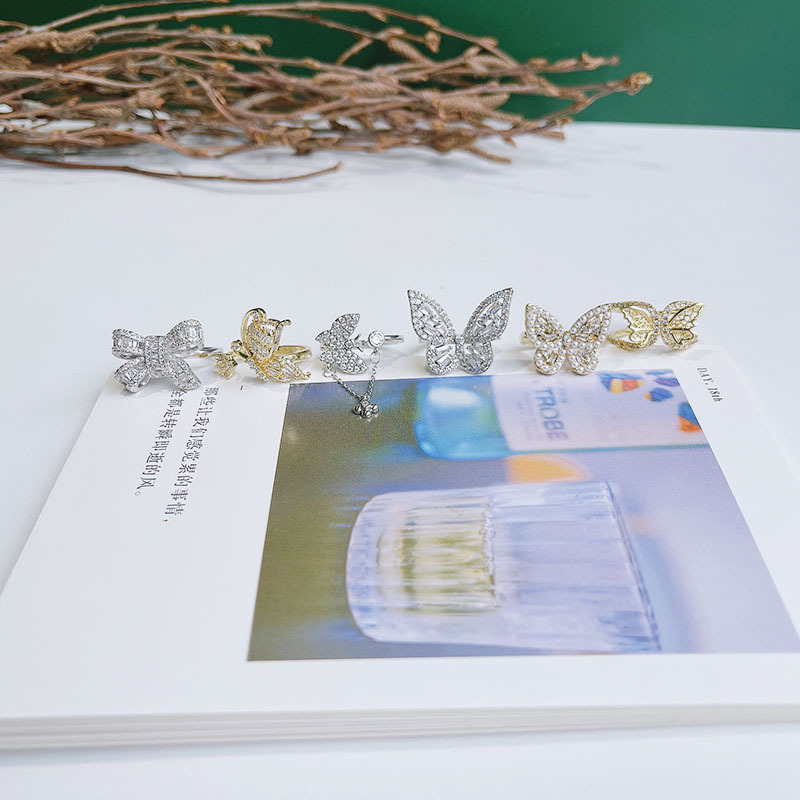 开口铜微镶戒指时尚ins风蝴蝶春夏淑女蝴蝶结设计锆石可爱日韩