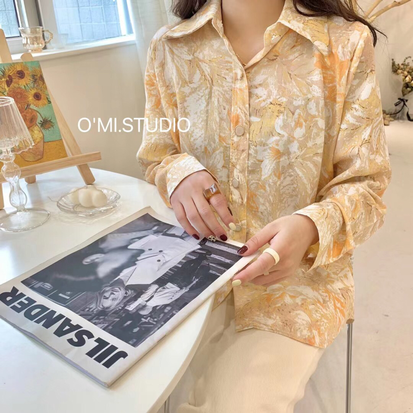 OMI新款2021春季气质韩版百搭时尚ins潮上衣翻领油画修身衬衫女