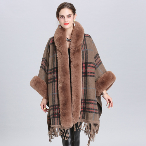 shawl european and american plus size loose fur collar plaid hooded tassel knitted cardigan coat cape and shawl