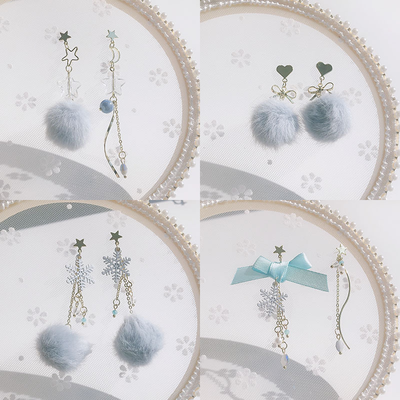 设计银针毛球洛丽塔星星月亮不对称蝴蝶结耳环耳饰ins可爱日韩女