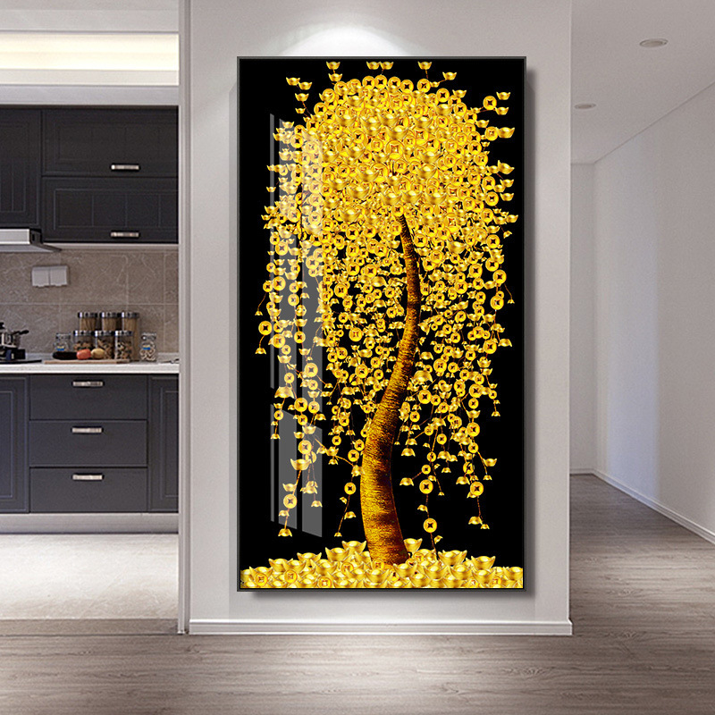 招财风水玄关走廊过道装饰画摇钱树晶瓷画客厅挂画书房办公室壁画