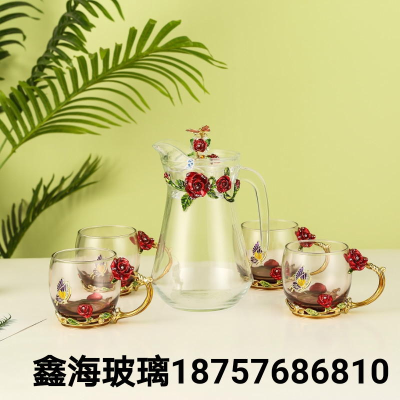 水壶套装高档玻璃杯珐琅杯礼盒1壶4杯带花玫瑰水杯金属手柄玻璃杯