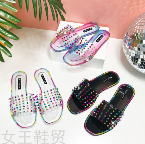 shoes europe and america cross border fashion color rivet jelly crystal transparent cool women‘s slippers slides