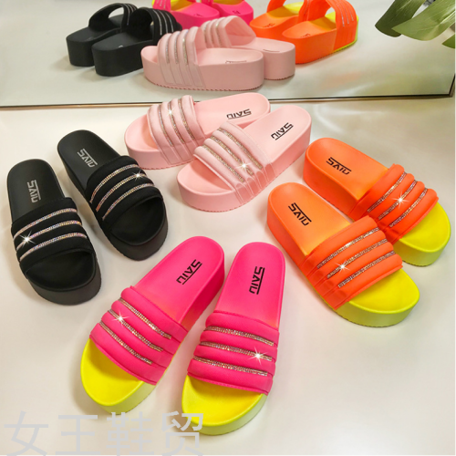 colorful rhinestone slippers women‘s summer thick bottom for outdoors european and american large size fashion one-shaped sandals shoes