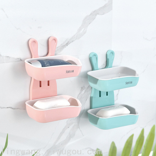 fashion creative white rabbit double-layer soap box simple and convenient punch-free seamless stickers home bathroom soap box