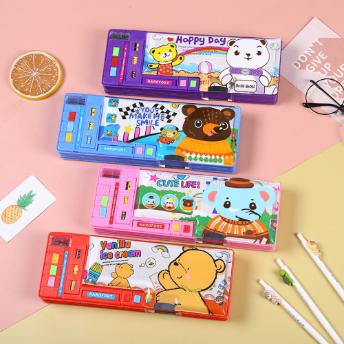 new multi-functional cartoon children stationery box primary school students with pencil sharpener thermometer double-open pencil case wholesale