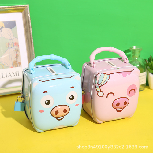 korean cute pig tinplate metal piggy bank with lock keychain baby pig coin pot children‘s prize