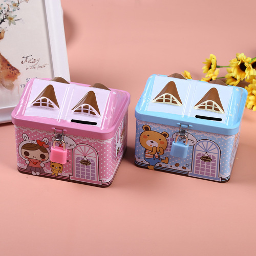 Korean Cartoon Cute House Piggy Bank with Lock Tinplate Private Treasure Box Children‘s Toy Storage Box 