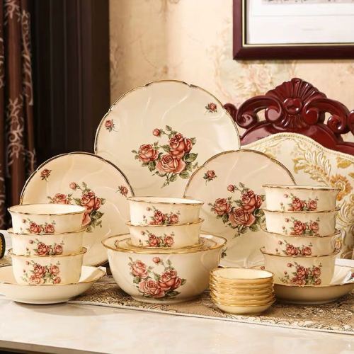 european style ceramic bowl rice bowl plate gold trim high-end tableware queen gold rose bowl dish set household combination