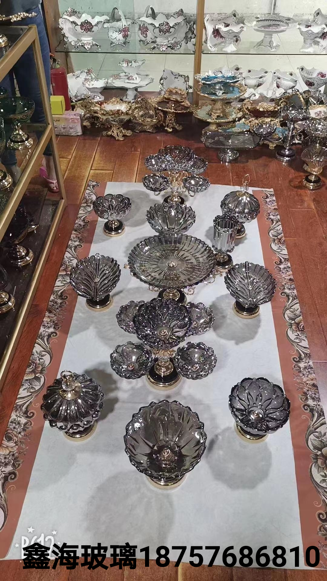 果盘22头一桌子果盘水晶玻璃果盘金色新疆16头20头大果盘双层底座