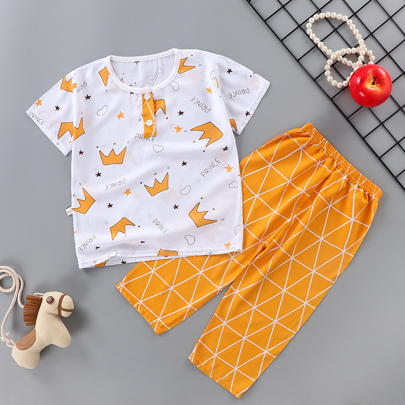 夏季新款儿童绵绸短袖套装男童女童七分裤空调服中小童宝宝家居服